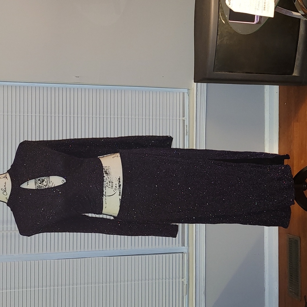 H&M 2 Piece Sparkle Navy Blue Crop Top and Midi Skirt w/front side split set